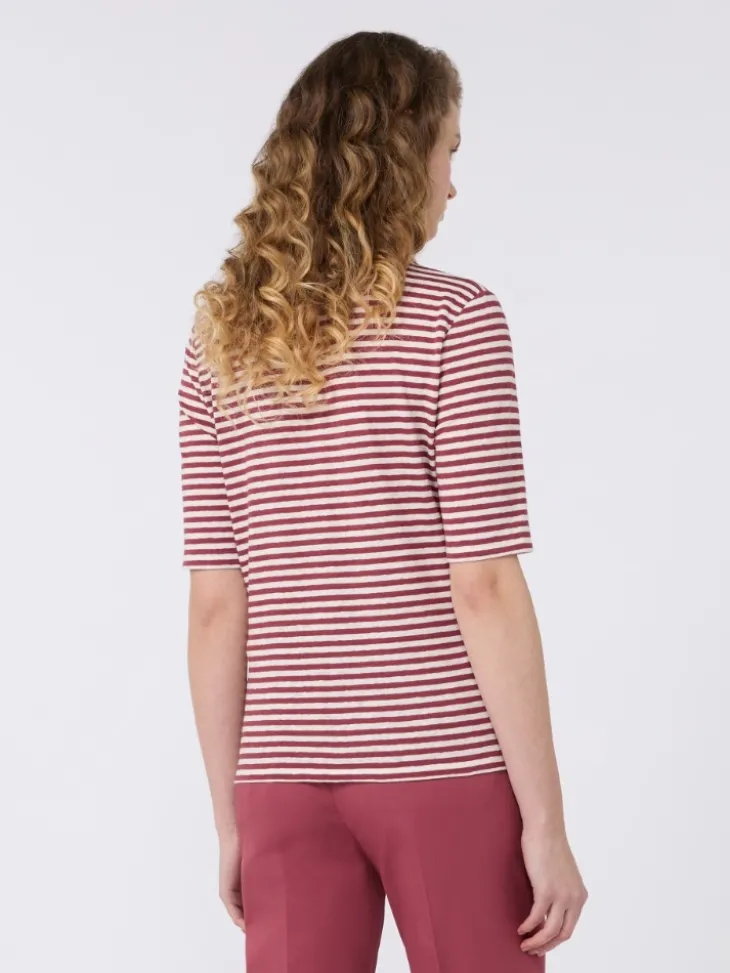 Stretch linen jersey V-neck T-shirt - CHERRY