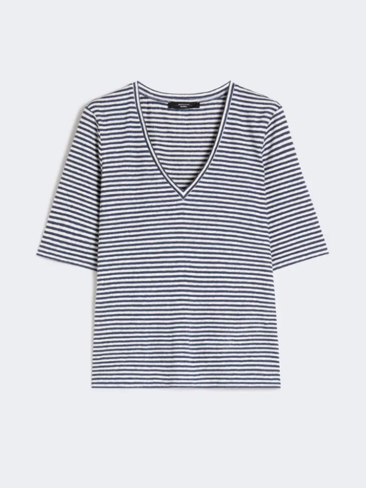 Stretch linen jersey V-neck T-shirt - ULTRAMARINE