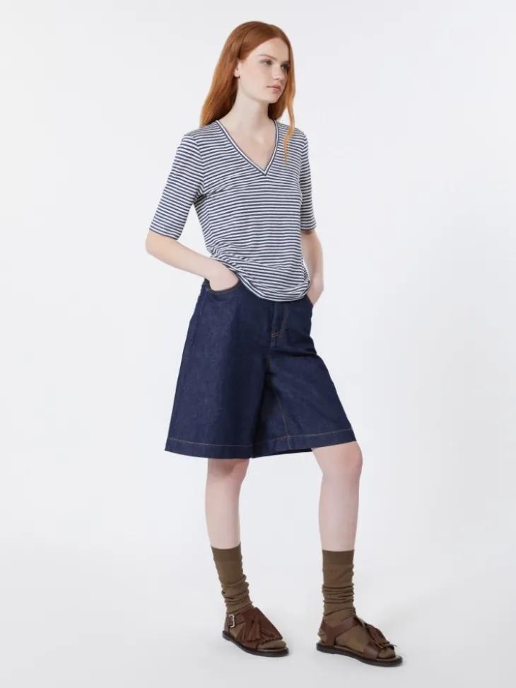 Stretch linen jersey V-neck T-shirt - ULTRAMARINE