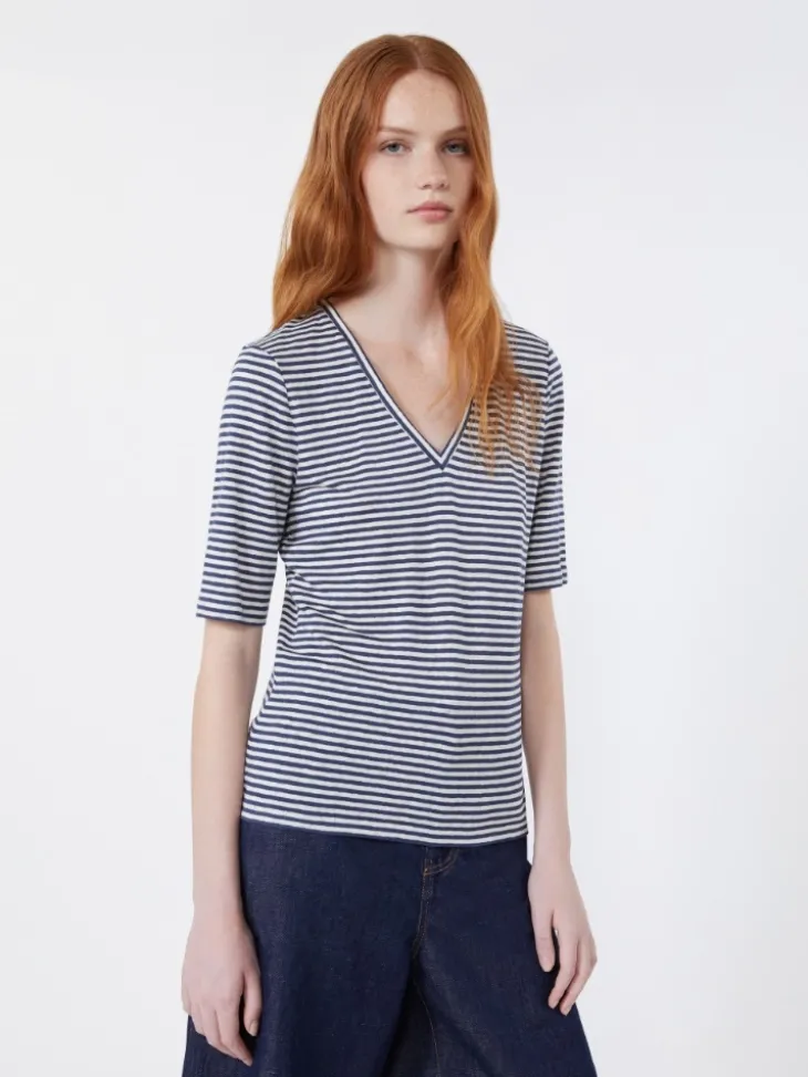 Stretch linen jersey V-neck T-shirt - ULTRAMARINE
