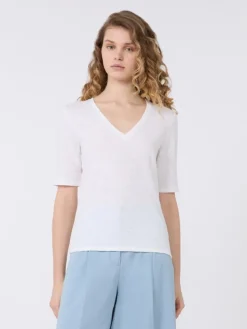 Stretch linen jersey V-neck T-shirt - WHITE