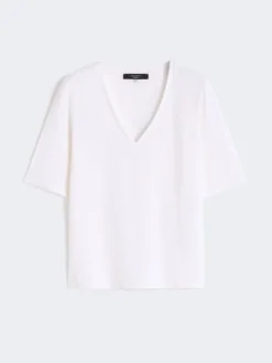 Stretch linen jersey V-neck T-shirt - WHITE