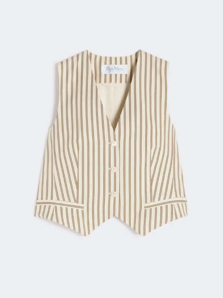 Striped cotton and silk canvas gilet - BEIGE