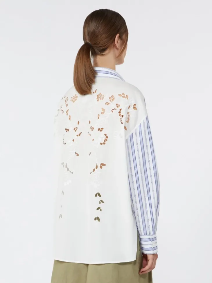 Striped cotton shirt with eyelet lace - NAVY