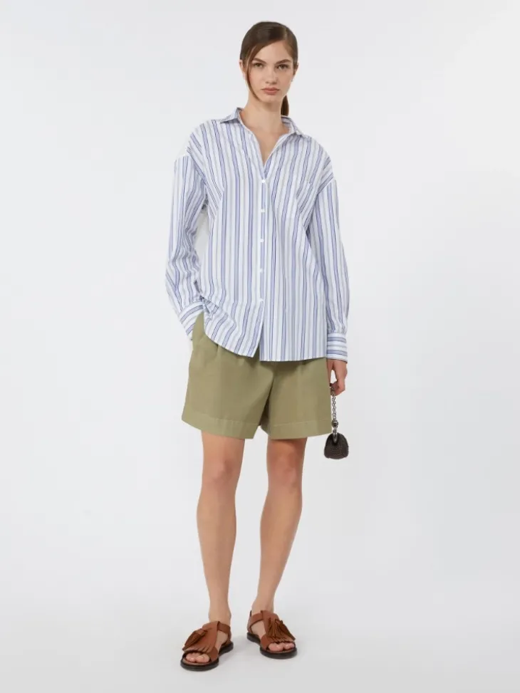 Striped cotton shirt with eyelet lace - NAVY