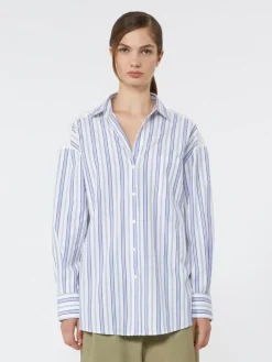 Striped cotton shirt with eyelet lace - NAVY