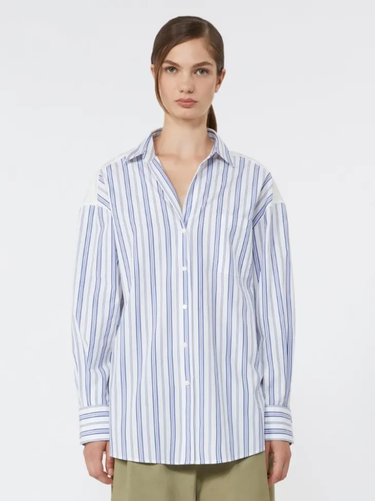 Striped cotton shirt with eyelet lace - NAVY