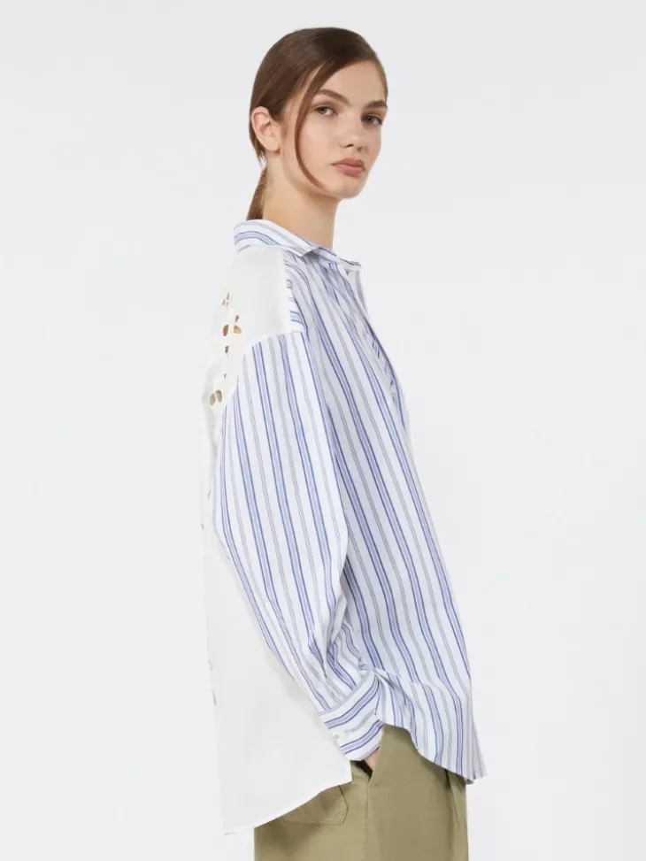 Striped cotton shirt with eyelet lace - NAVY