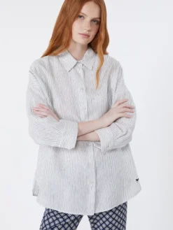 Striped linen canvas shirt - NAVY