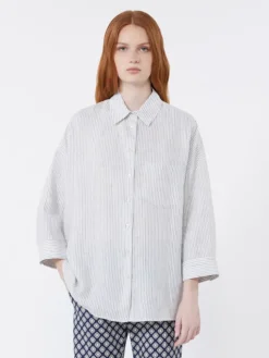 Striped linen canvas shirt - NAVY