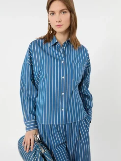 Striped poplin boxy shirt - CORNFLOWER BLUE