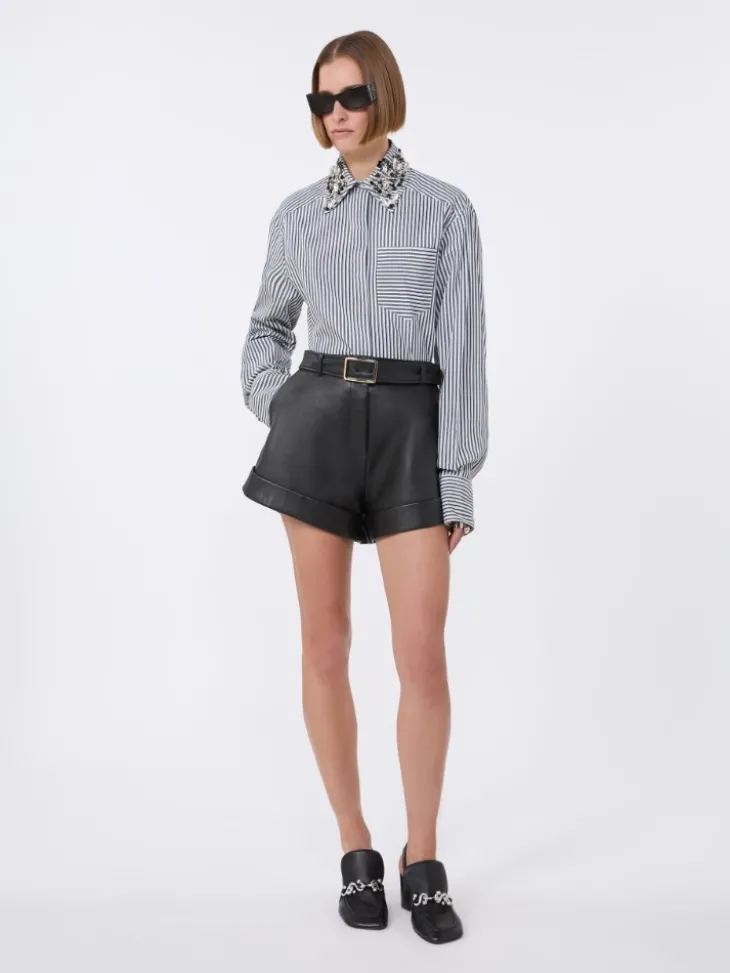Striped poplin cropped shirt - BLACK