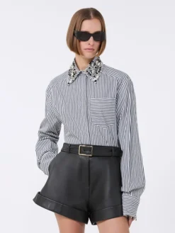 Striped poplin cropped shirt - BLACK