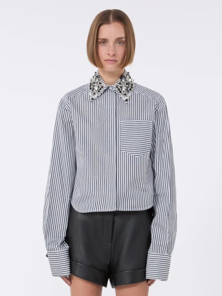 Striped poplin cropped shirt - BLACK