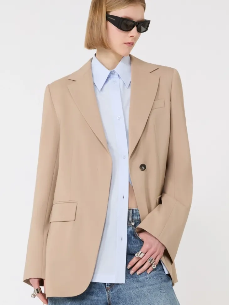 Tailored wool blazer with pleated back - BEIGE