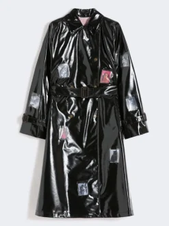 Vinyl-effect gabardine midi trench coat - BLACK