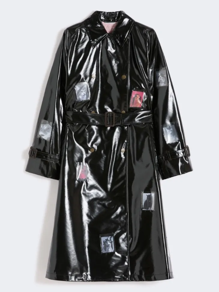 Vinyl-effect gabardine midi trench coat - BLACK