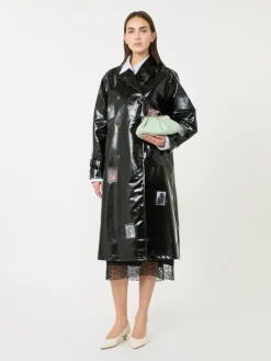 Vinyl-effect gabardine midi trench coat - BLACK