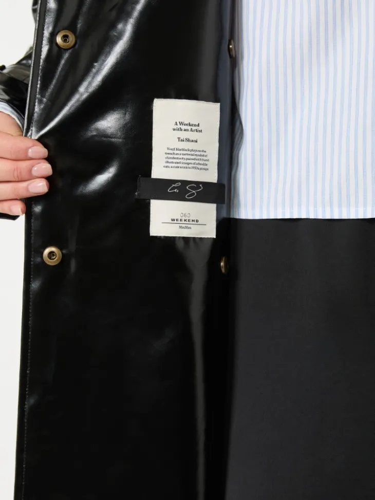 Vinyl-effect gabardine midi trench coat - BLACK