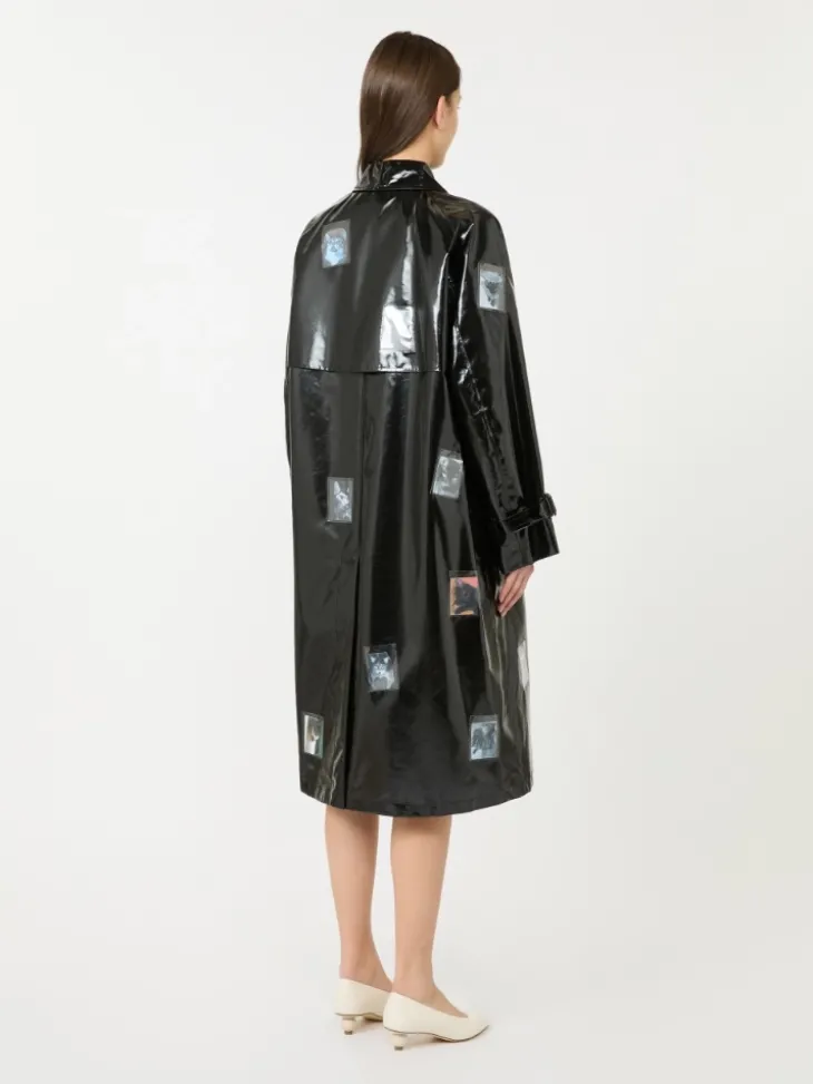 Vinyl-effect gabardine midi trench coat - BLACK