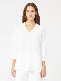 Viscose crêpe yarn V-neck jumper - OPTICAL WHITE