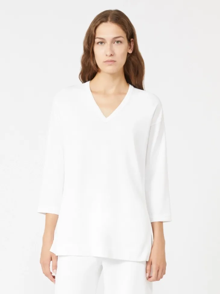 Viscose crêpe yarn V-neck jumper - OPTICAL WHITE