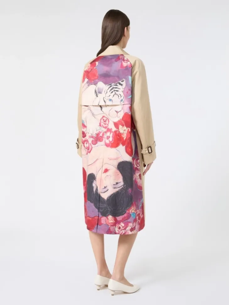 Water-repellent gabardine trench coat with print - PLUM