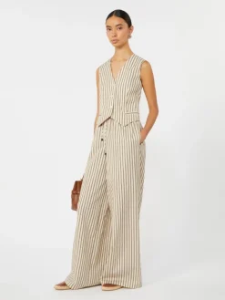 Wide-fit striped cotton and silk canvas trousers - BEIGE