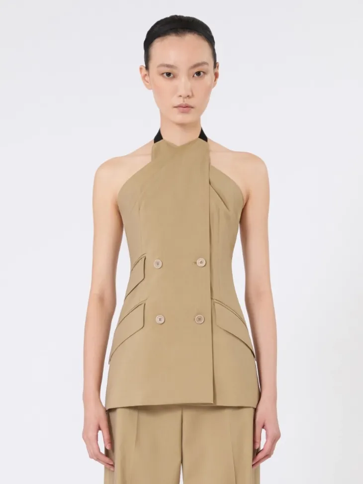 Wool and silk poplin sleeveless jacket - CAMEL