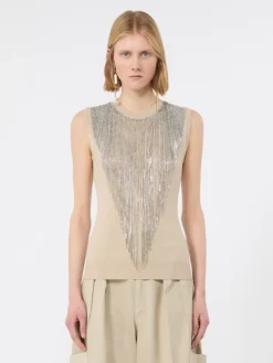 Wool top with bejewelled fringe detail - BEIGE