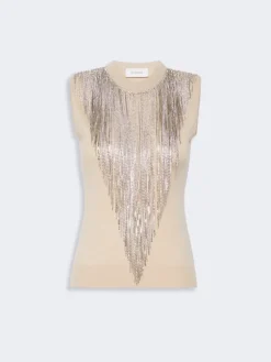Wool top with bejewelled fringe detail - BEIGE
