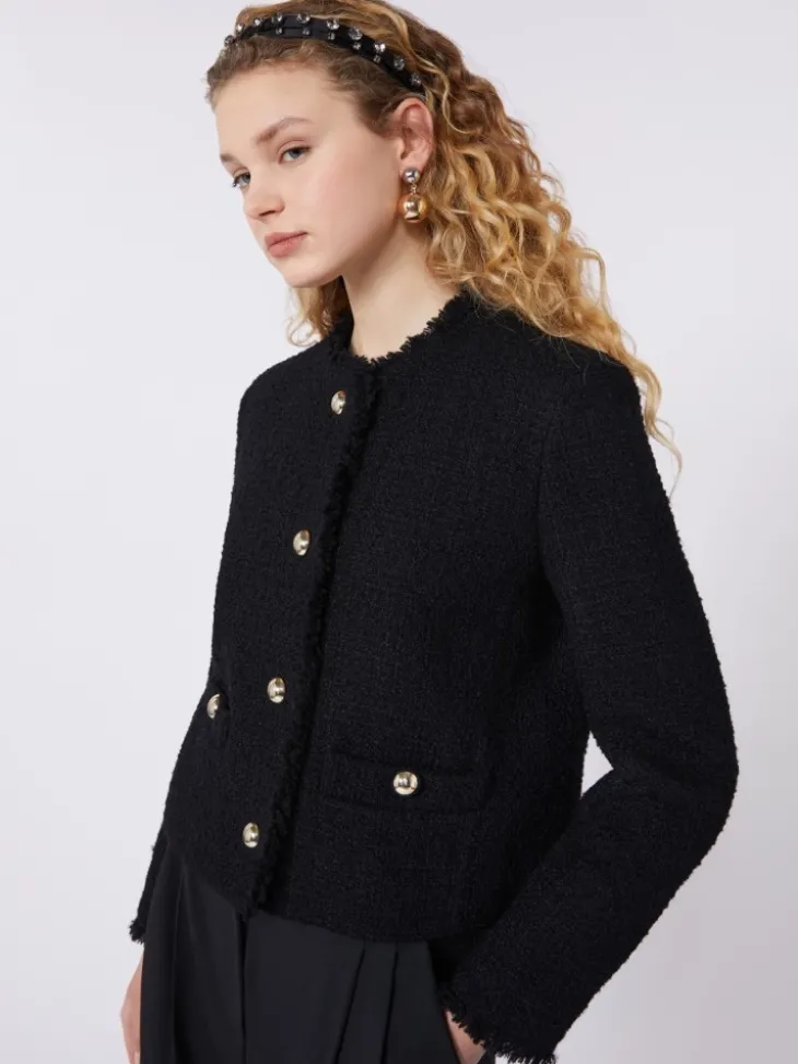 Wool-blend crew-neck jacket - BLACK