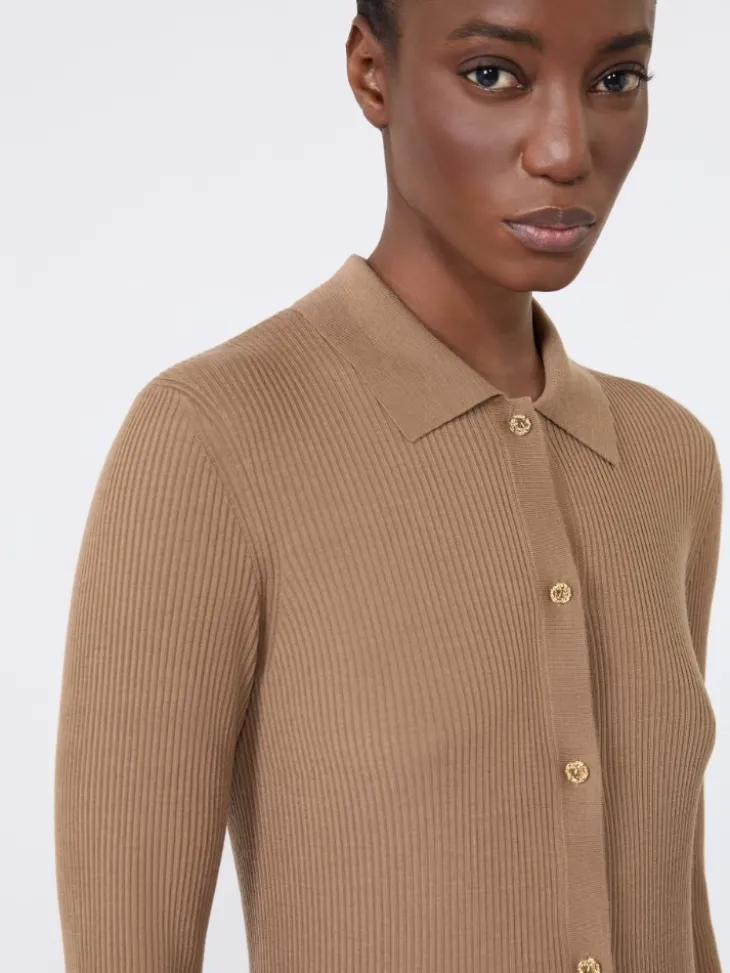 Woollen yarn fitted cardigan - CAMEL