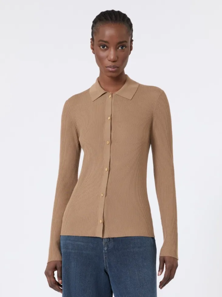Woollen yarn fitted cardigan - CAMEL